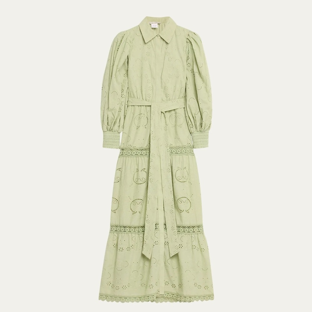 NWT alice + olivia LILLY COLLARED EYELET MAXI DRESS in green tea. Size 2 - Picture 4 of 11